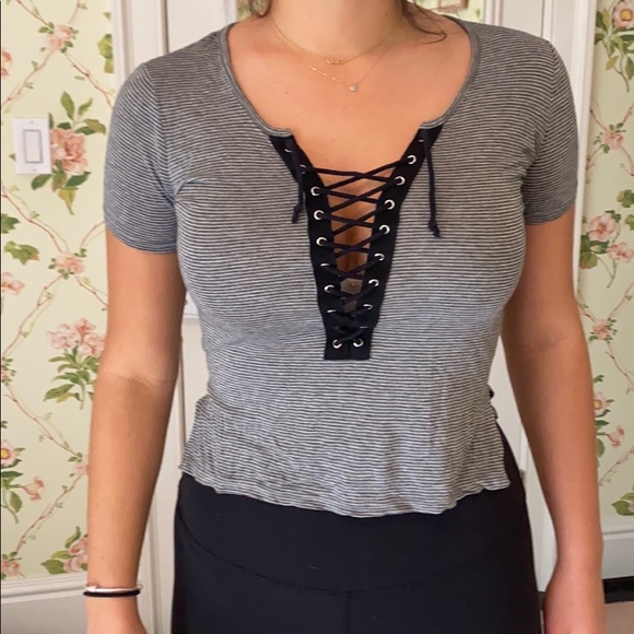 Emma and Sam Striped Lace Up T shirt - Picture 2 of 6